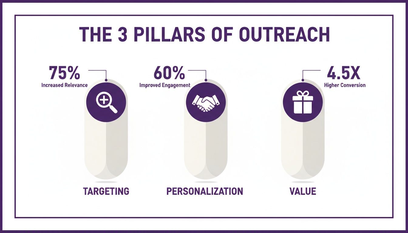 Diagram showing the 3 Pillars of Outreach: Targeting (75% Increased Relevance), Personalization (60% Improved Engagement), and Value (4.5X Higher Conversion).