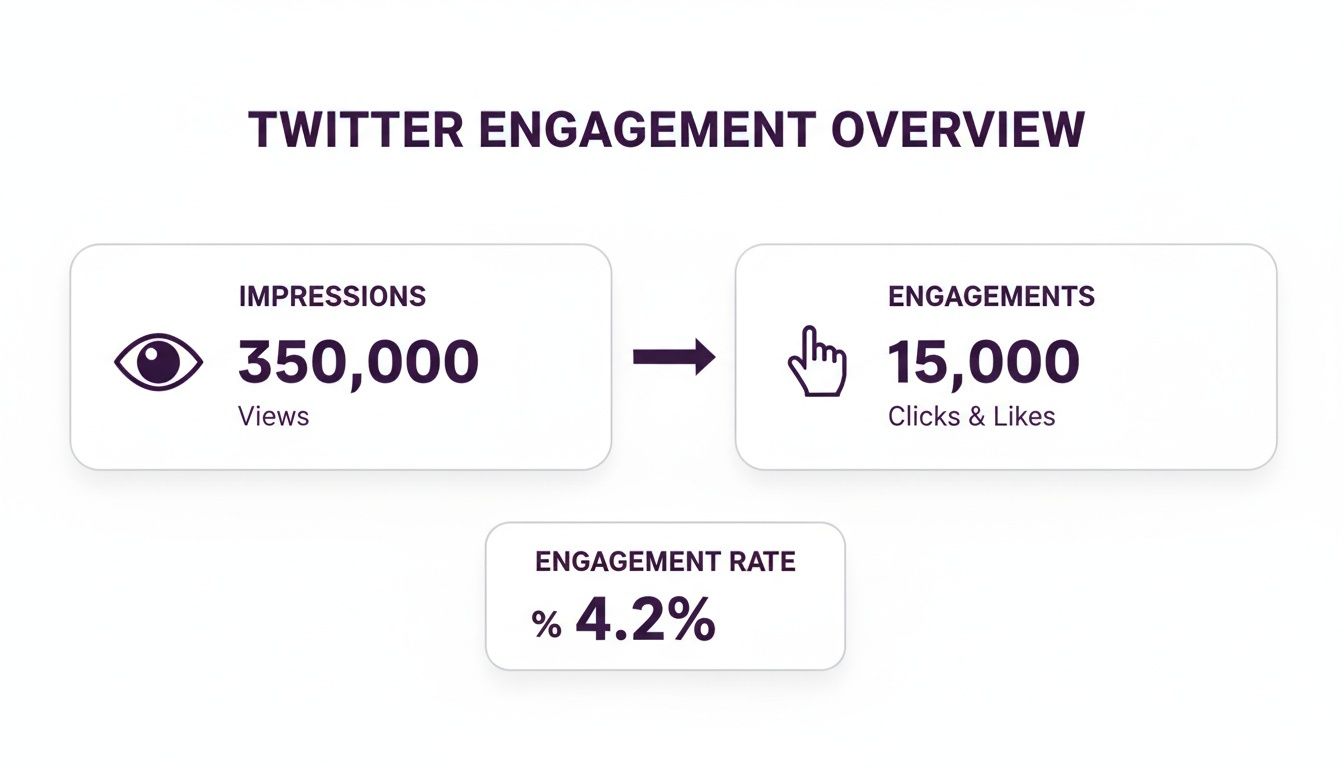 Twitter engagement overview showing 350,000 impressions, 15,000 engagements, and 4.2% engagement rate.