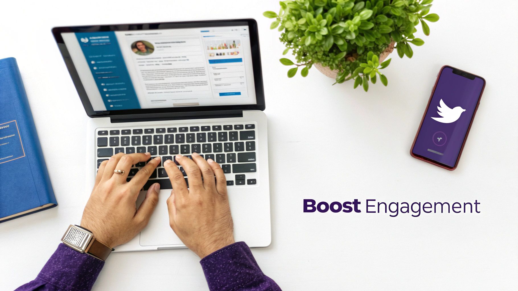 Person typing on a laptop with a social media profile, next to a smartphone displaying a Twitter app.