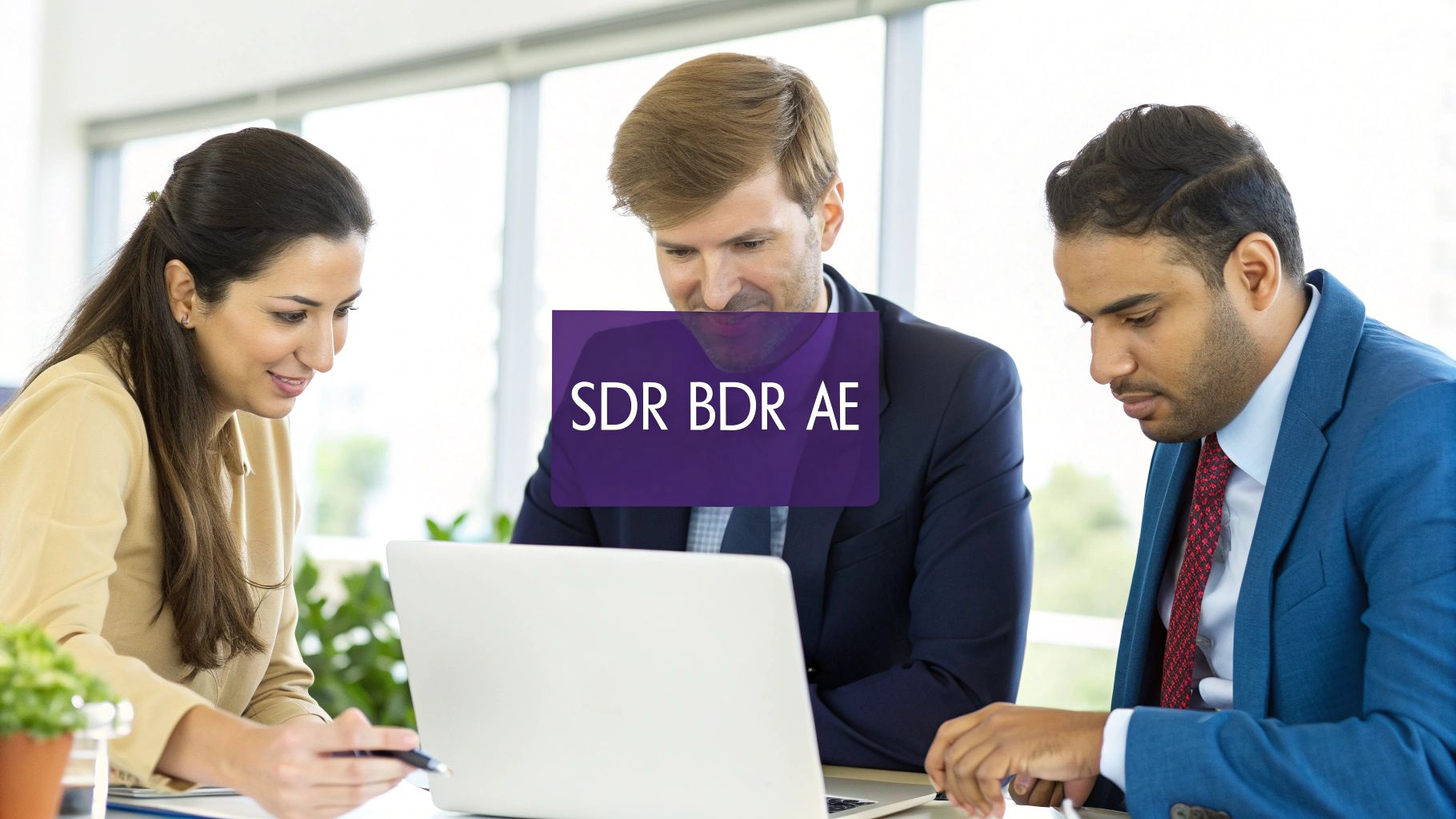 Three sales professionals (SDR, BDR, AE) collaborating on a laptop in a modern office environment.