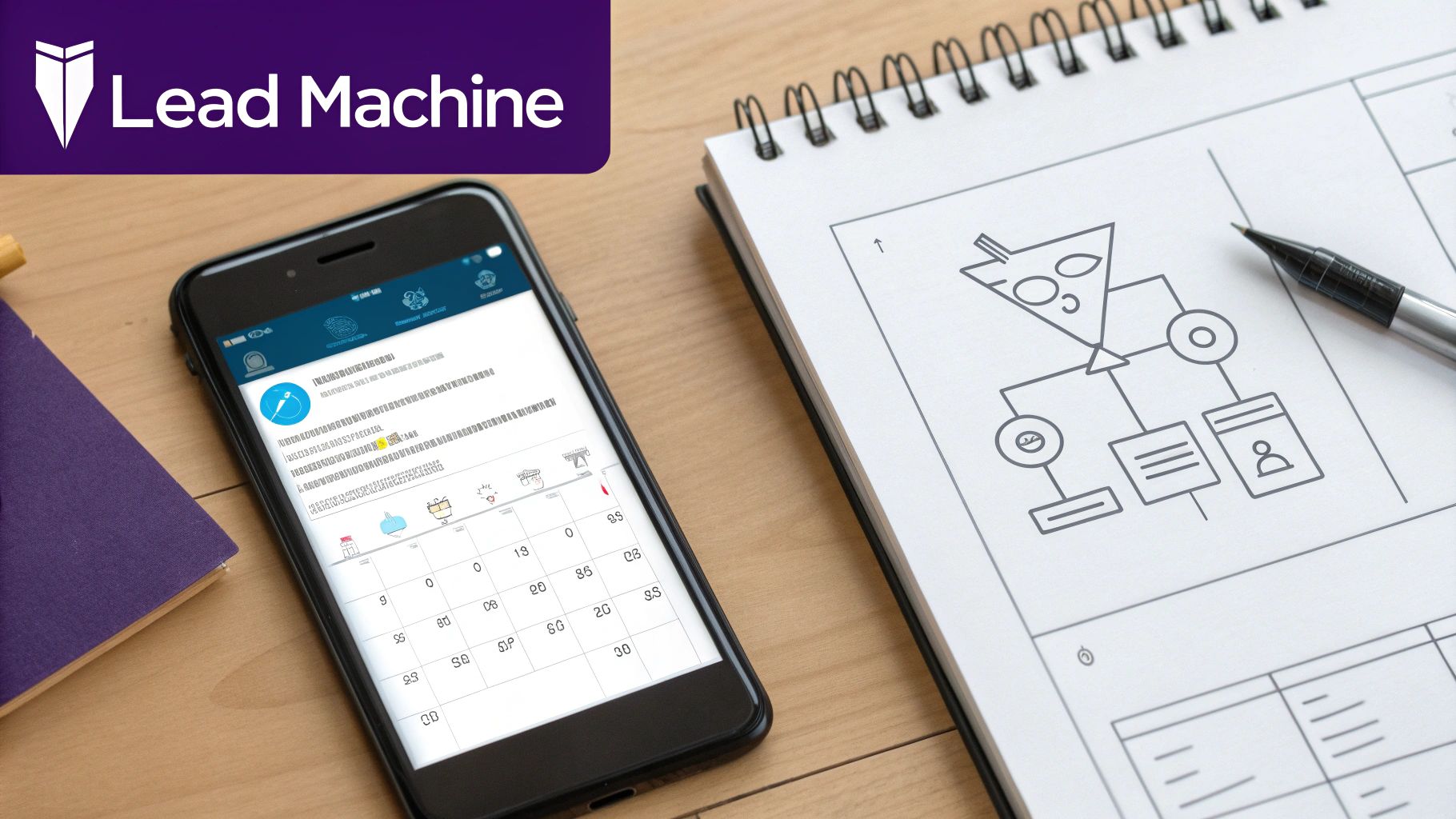 Lead Machine app on a smartphone, with a marketing funnel diagram and pen.