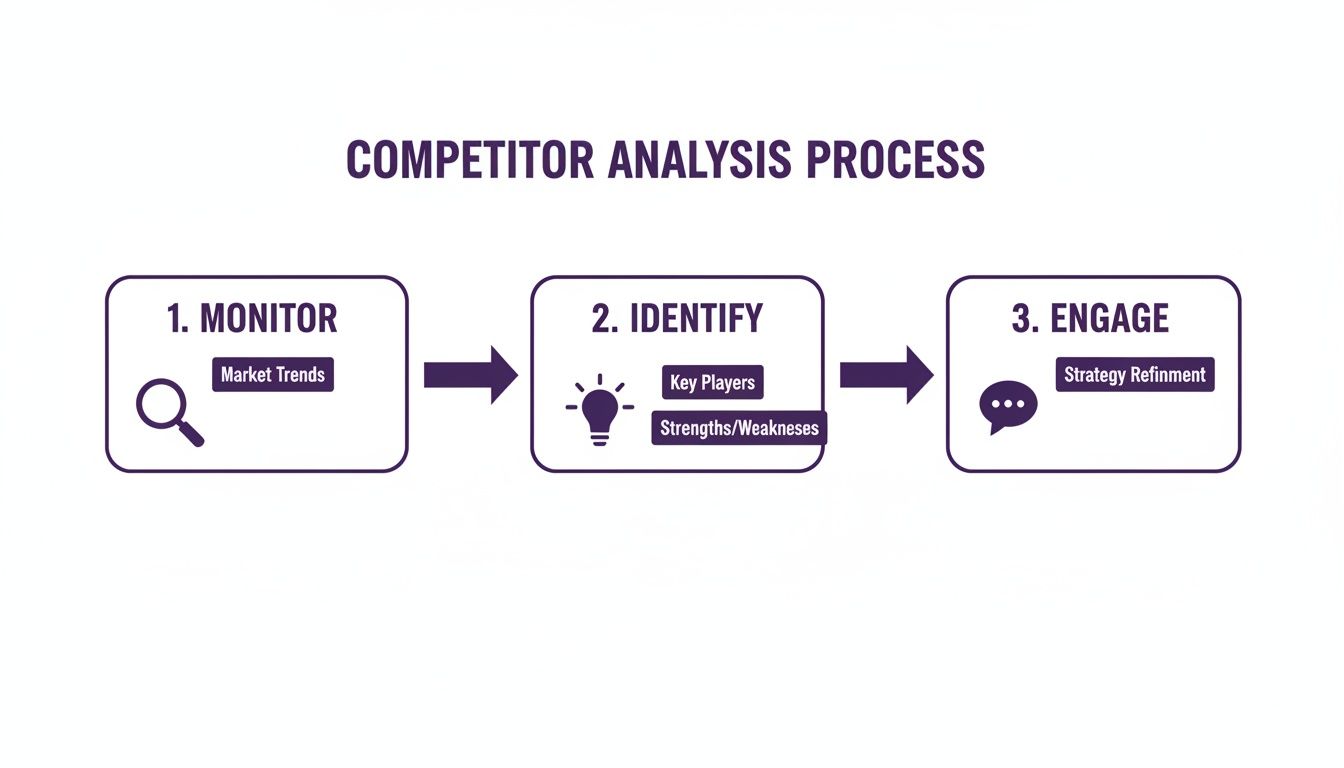 Diagram showing the competitor analysis process with steps: monitor, identify, and engage.