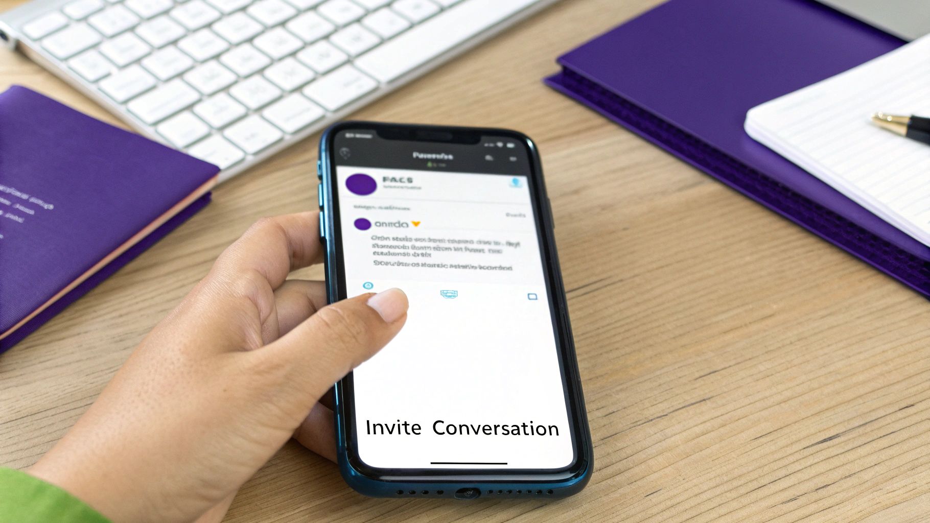 A hand holds a smartphone displaying 'Invite Conversation' on a social media app in a modern workspace.
