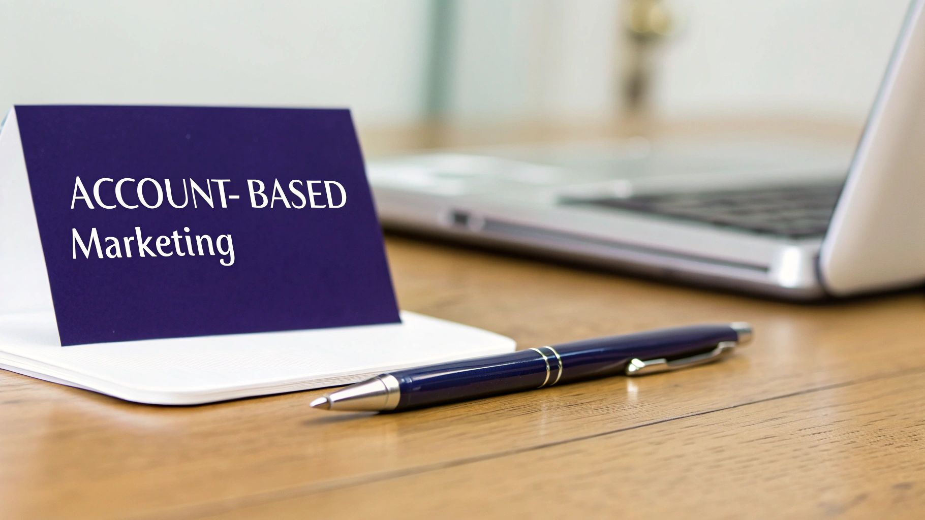 A blue tent card on a wooden desk displays 'ACCOUNT-BASED Marketing', accompanied by a pen and laptop.