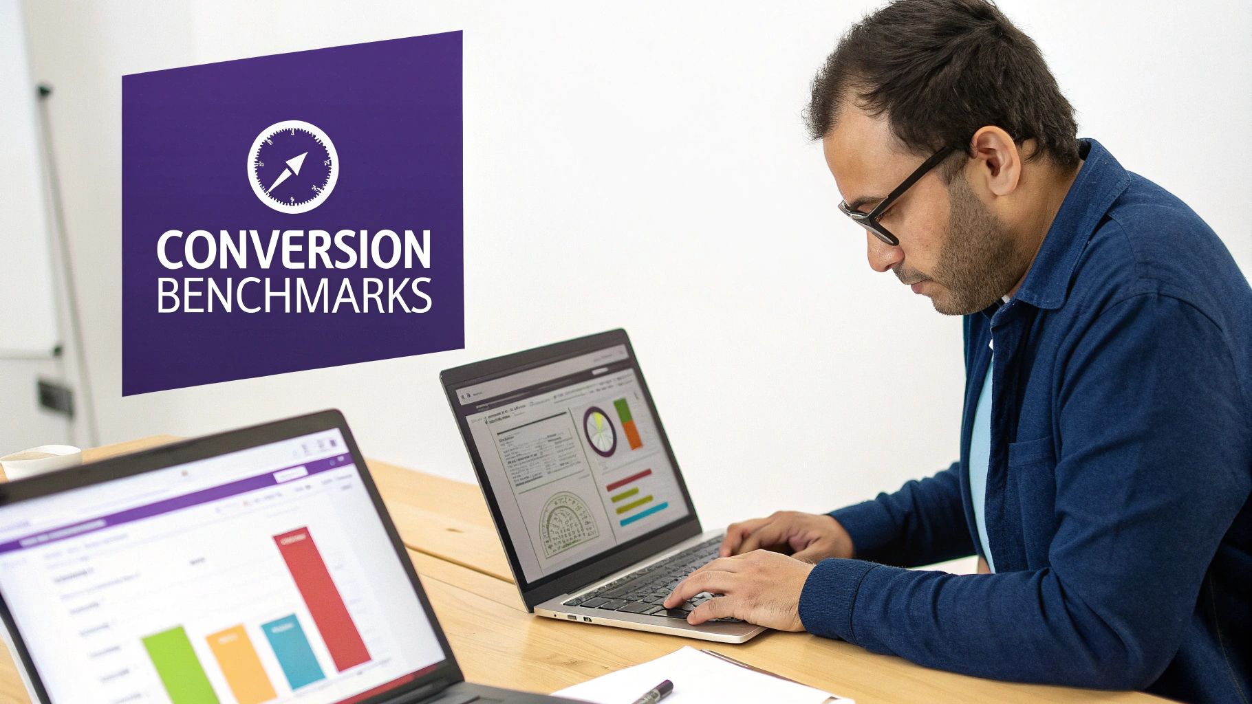 Man analyzing conversion benchmarks and sales data on laptops in an office.