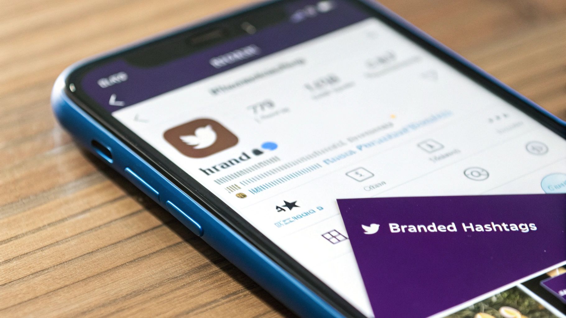 A blue smartphone shows the Twitter app with 'Branded Hashtags' on a wooden surface.