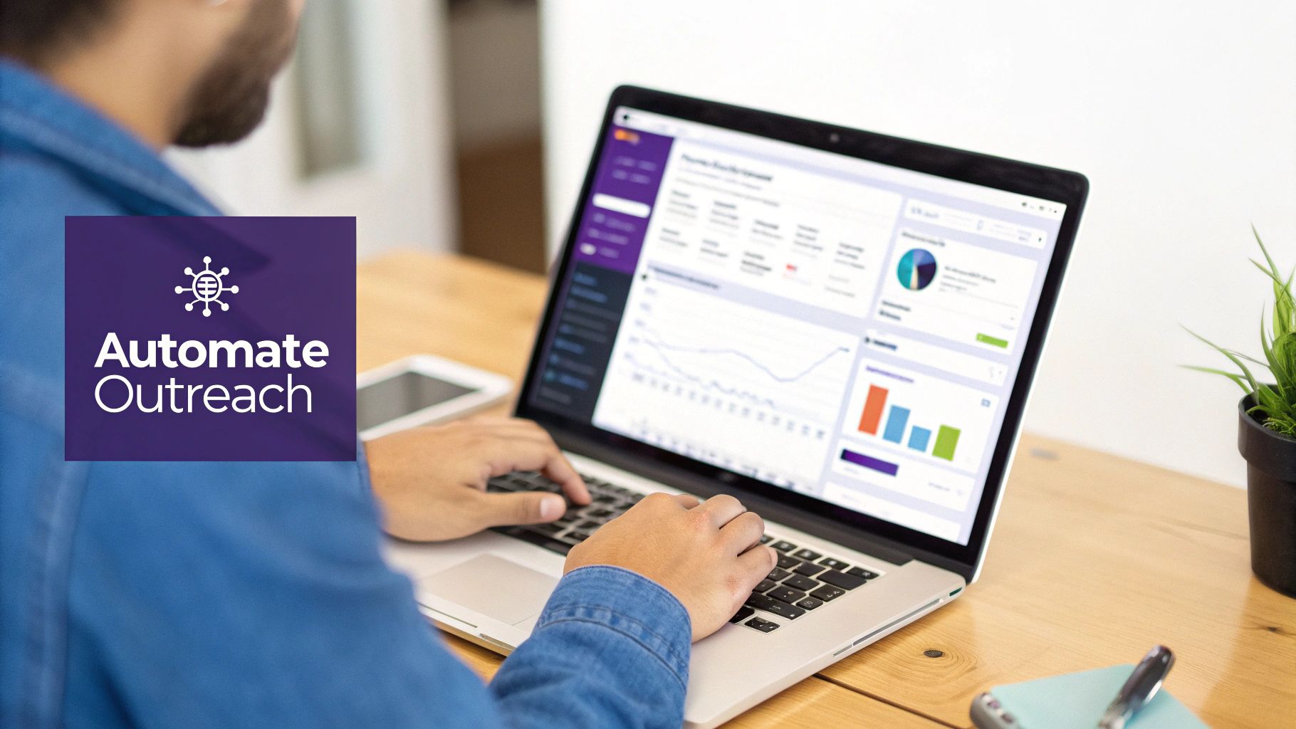 Person working on a laptop displaying a business dashboard, with 'Automate Outreach' logo.