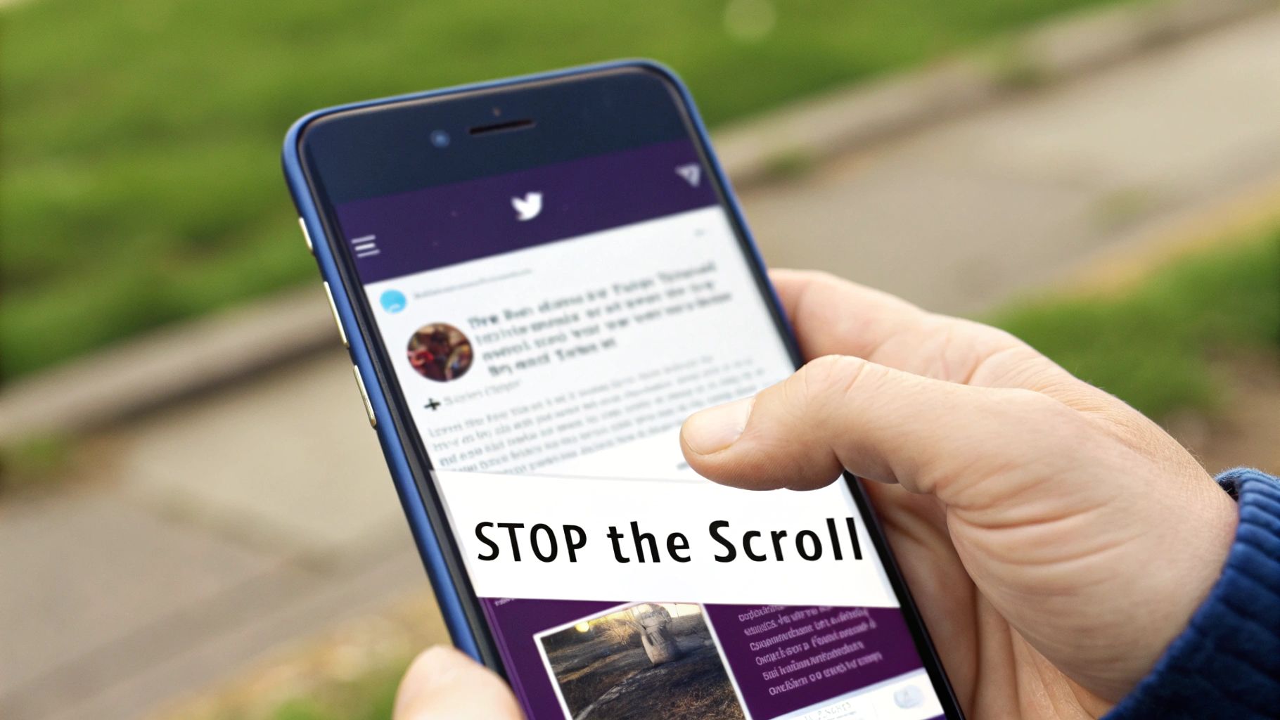 Hand holding a smartphone displaying a social media feed with the message 'STOP the Scroll' on screen.