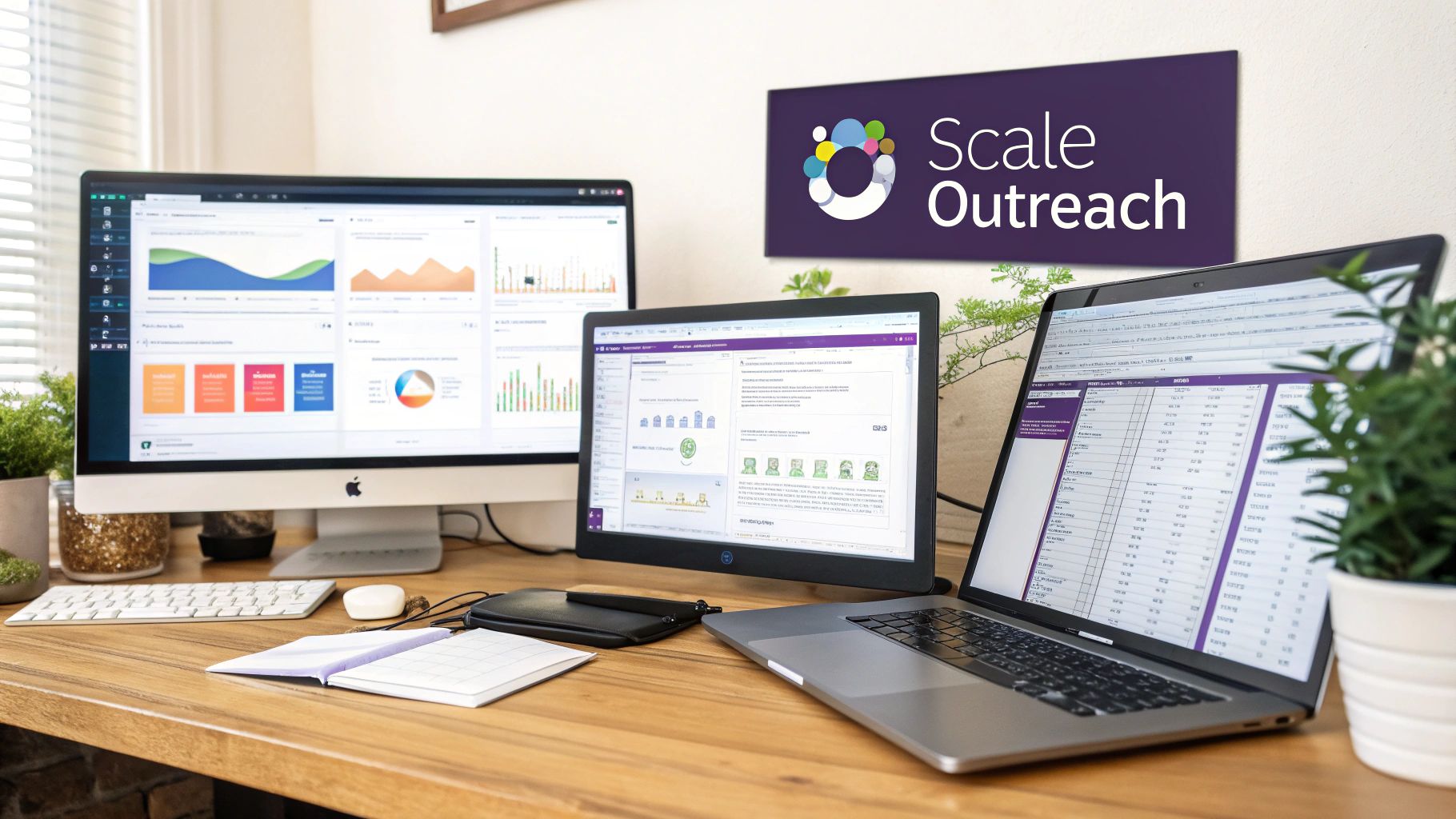 Scale Outreach dashboard displaying analytics and data visualizations on multiple computer screens in modern office workspace