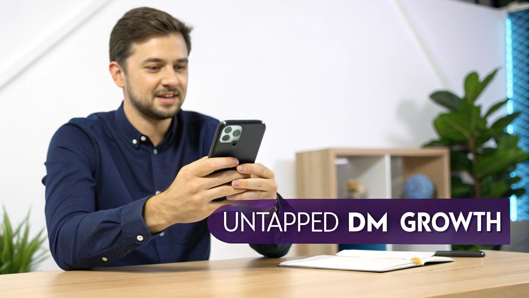 A smiling man in a blue shirt holds a black smartphone, with 'UNTAPPED DM GROWTH' text overlay.