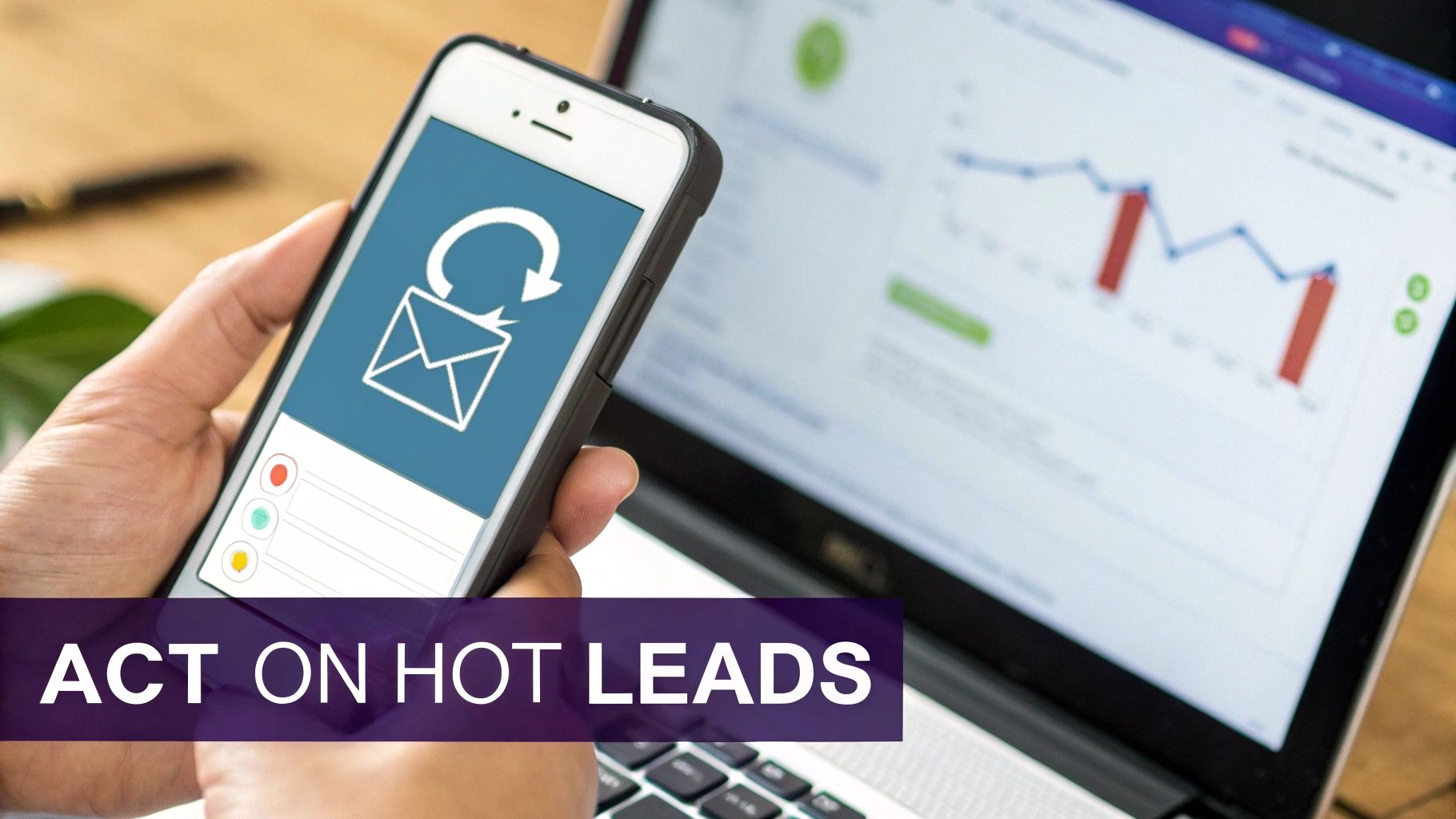 Hand holding a smartphone displaying an email icon, with a laptop showing a data graph for lead management.