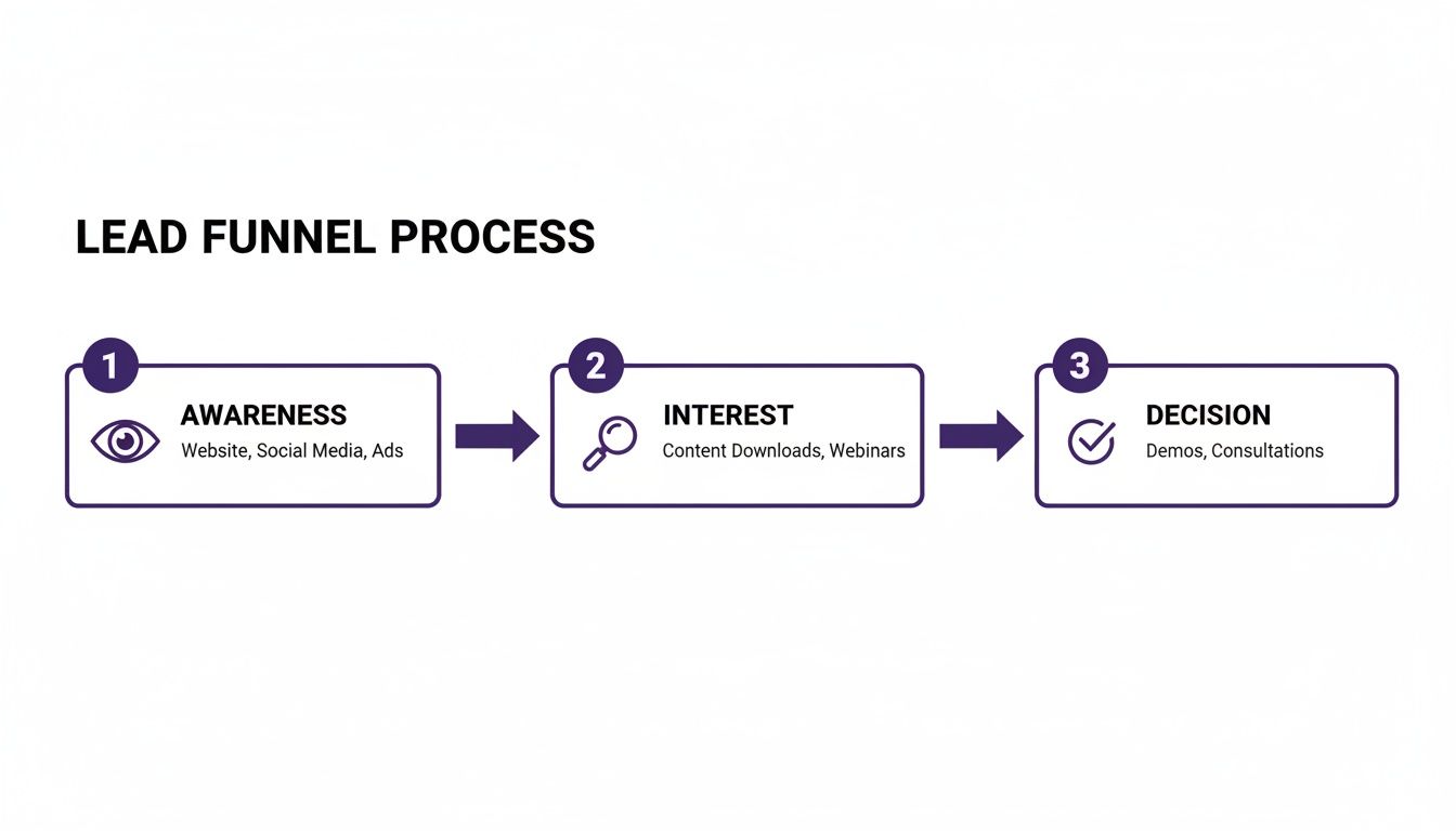 Diagram illustrating the three steps of a lead funnel process: Awareness, Interest, and Decision.