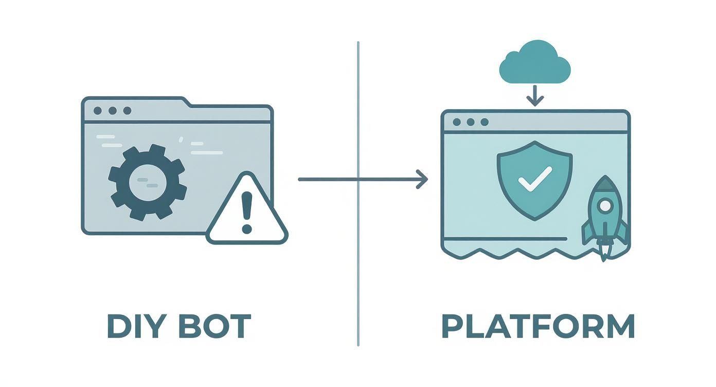 Infographic showing the decision flow for building a DIY Twitter bot versus using a platform like DMpro.