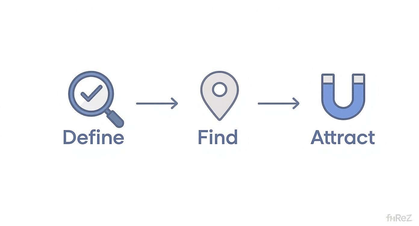 A visual three-step process illustrating how to Define, Find, and Attract using simple icons.