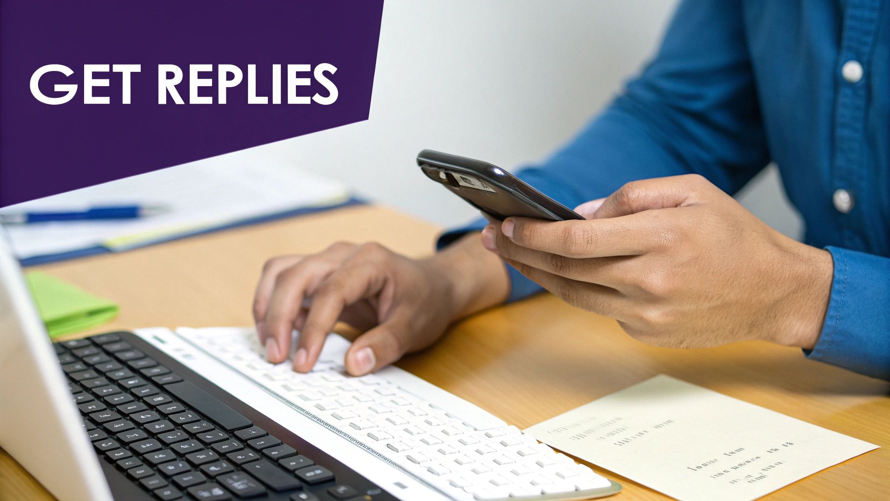 Hands of a person typing on a keyboard and holding a smartphone at a desk with a 'GET REPLIES' banner.