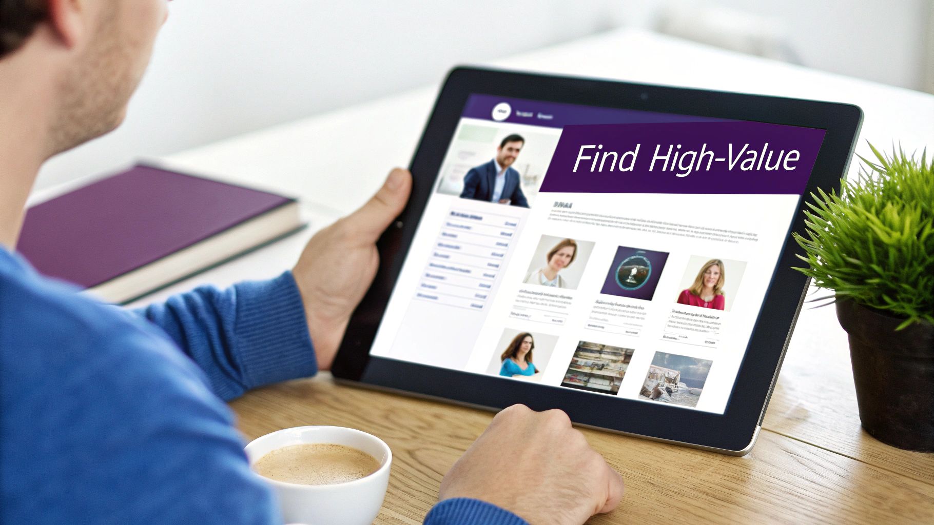 A person viewing a tablet displaying a website with 'Find High-Value' text and professional profiles.