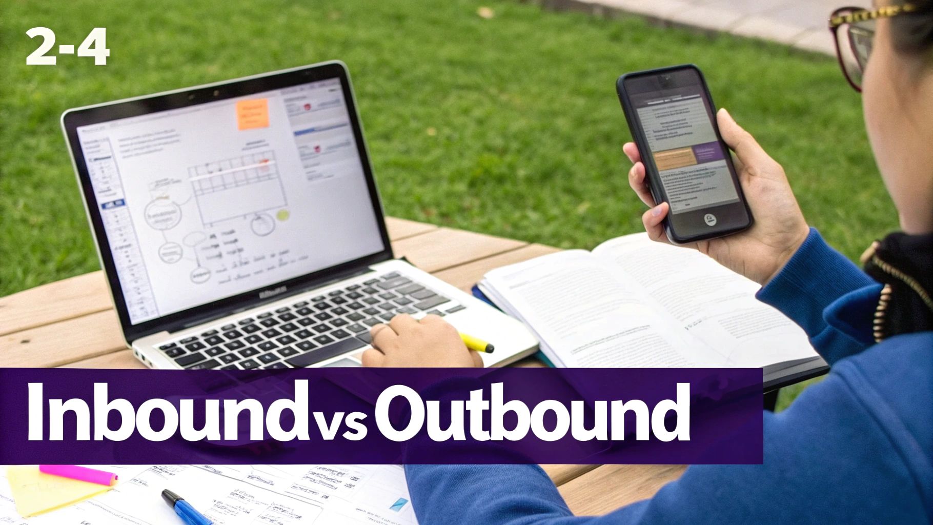A person studies outdoors with a laptop, phone, and book, featuring 'Inbound vs Outbound' text.