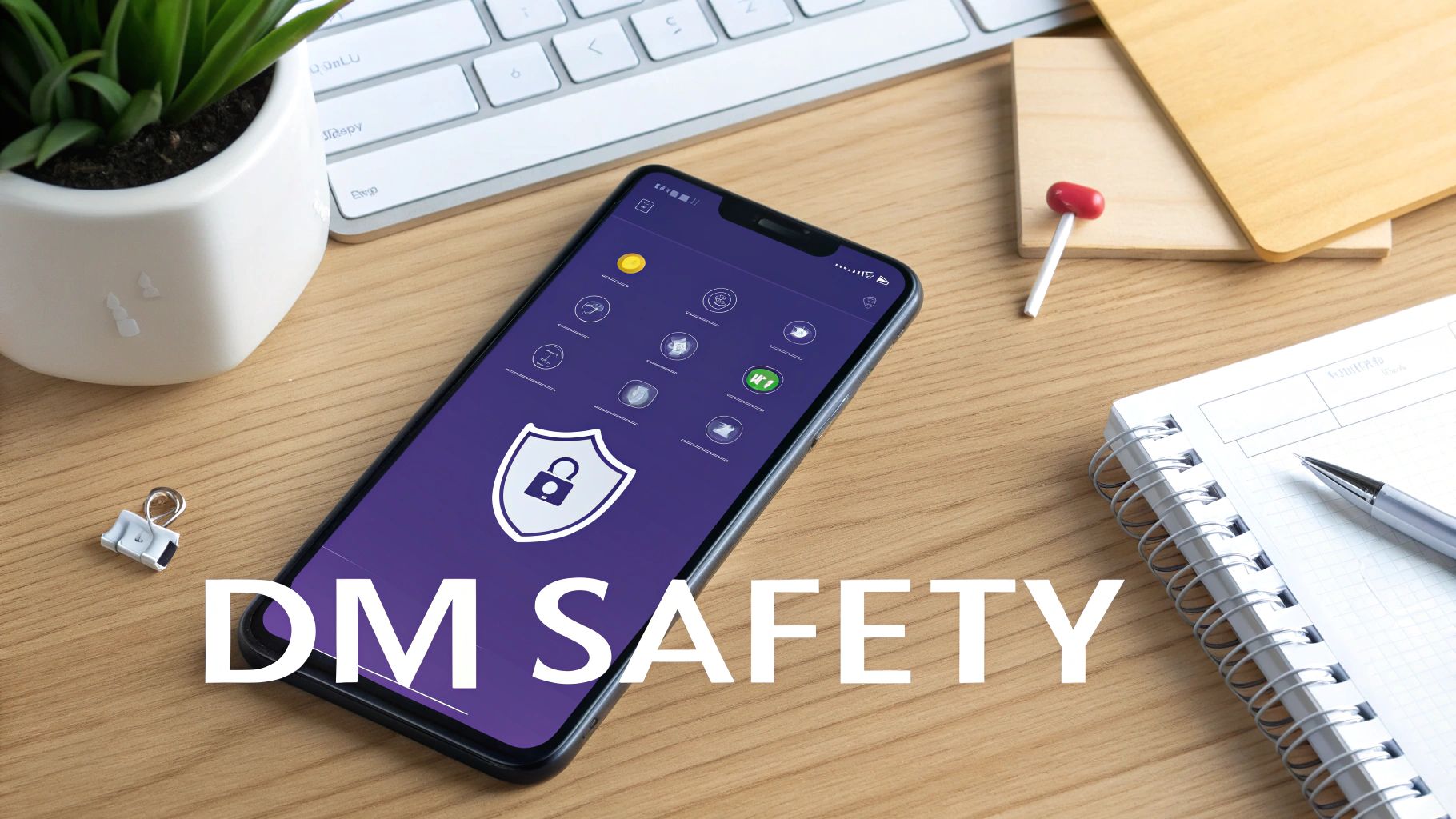 A smartphone displaying a shield with a padlock on a wooden desk, emphasizing DM safety.