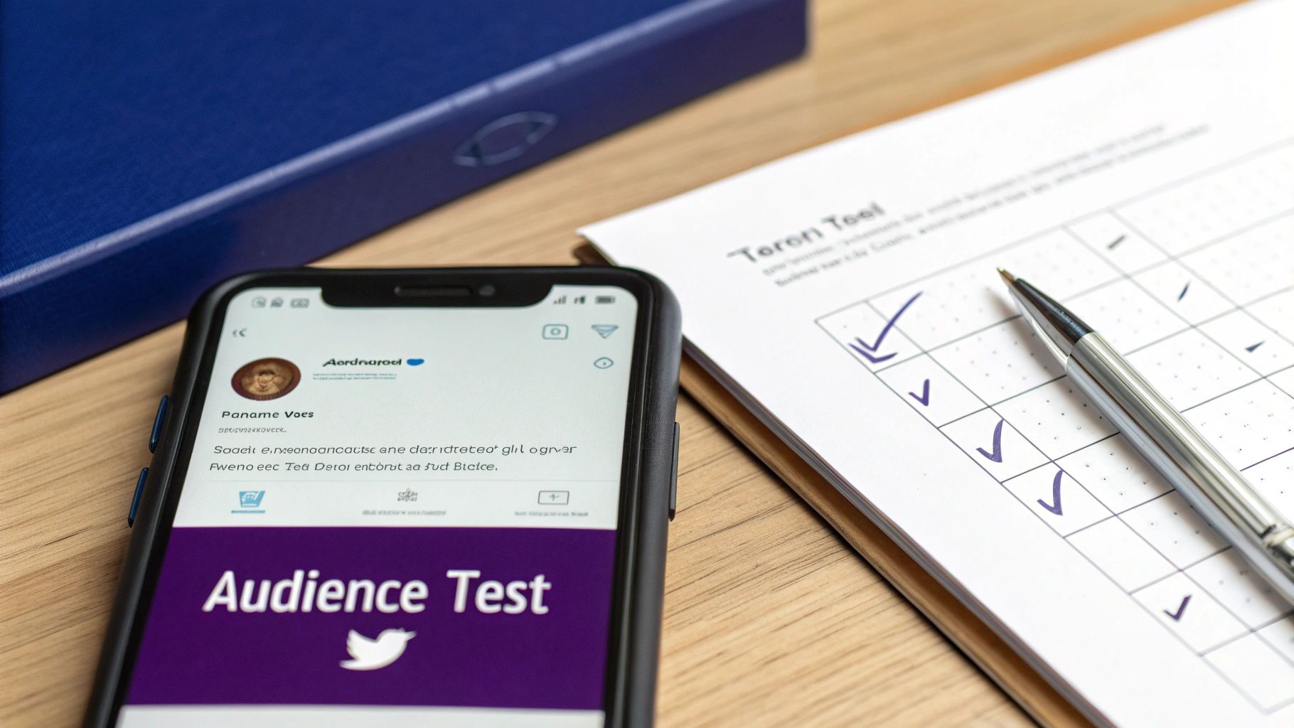 A smartphone displaying 'Audience Test' next to a pen and a checklist on a wooden desk.