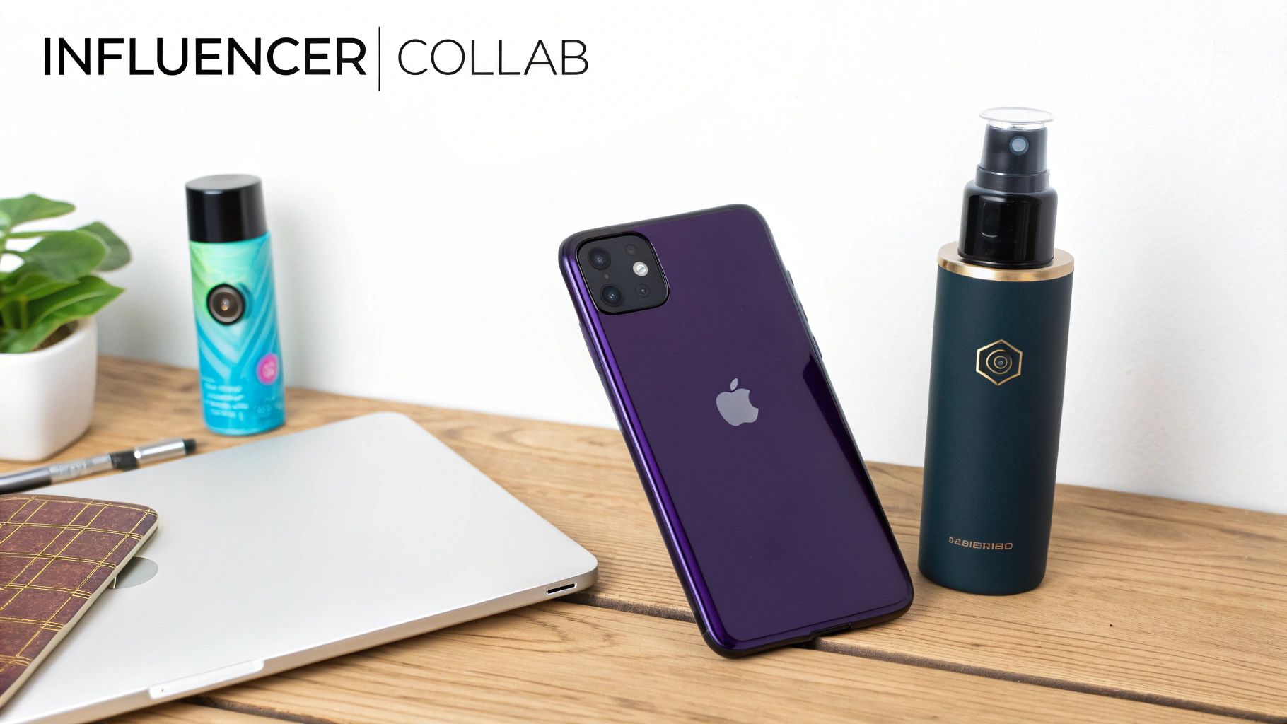 A desk setup featuring a purple iPhone, laptop, and two spray bottles, with 'INFLUENCER COLLAB' banner.