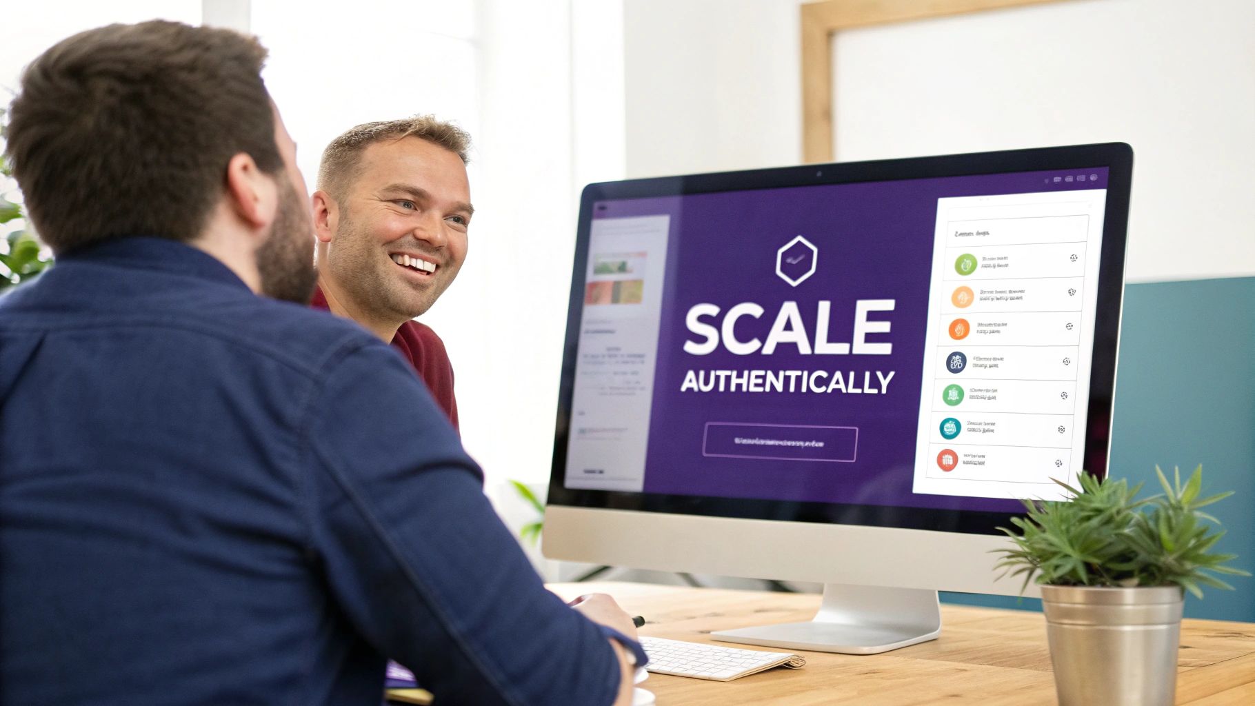 Two smiling colleagues collaborating and looking at a computer screen displaying 'SCALE AUTHENTICALLY'.