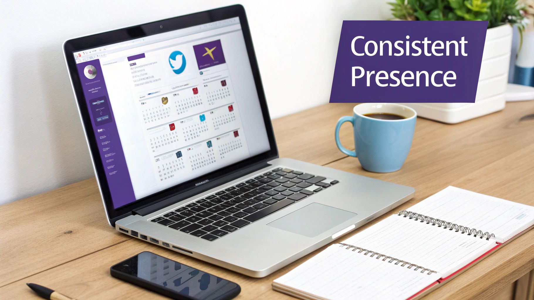 Laptop displaying a social media scheduling interface, a blue coffee mug, smartphone, and notebook on a wooden desk with text 'Consistent Presence'.