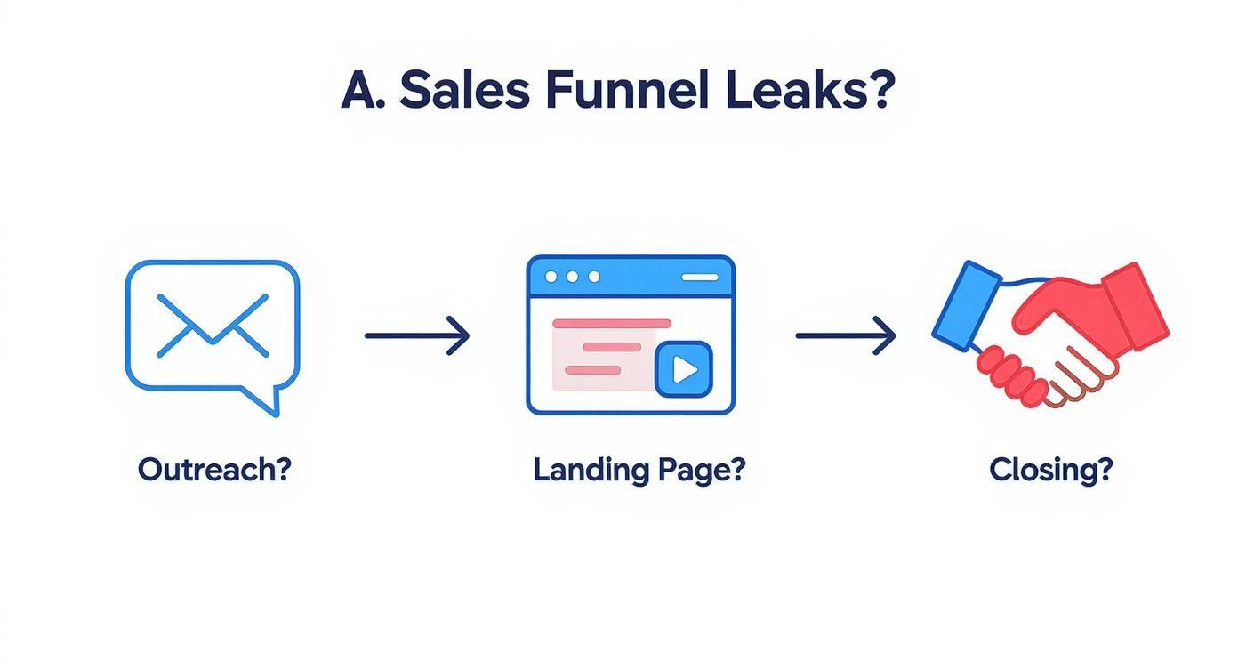 A diagram illustrating a sales funnel with stages: Outreach, Landing Page, and Closing, titled 'A. Sales Funnel Leaks?'.