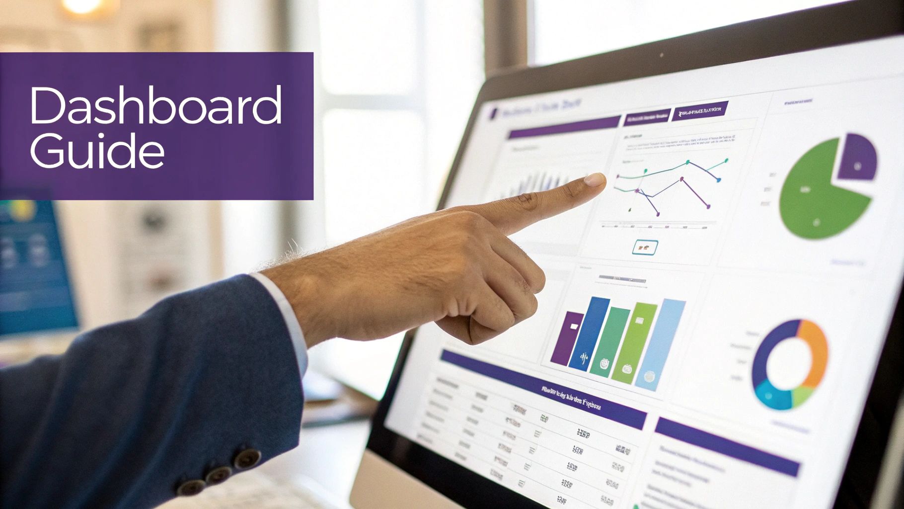 A hand points to a computer screen displaying a 'Dashboard Guide' with various data charts.