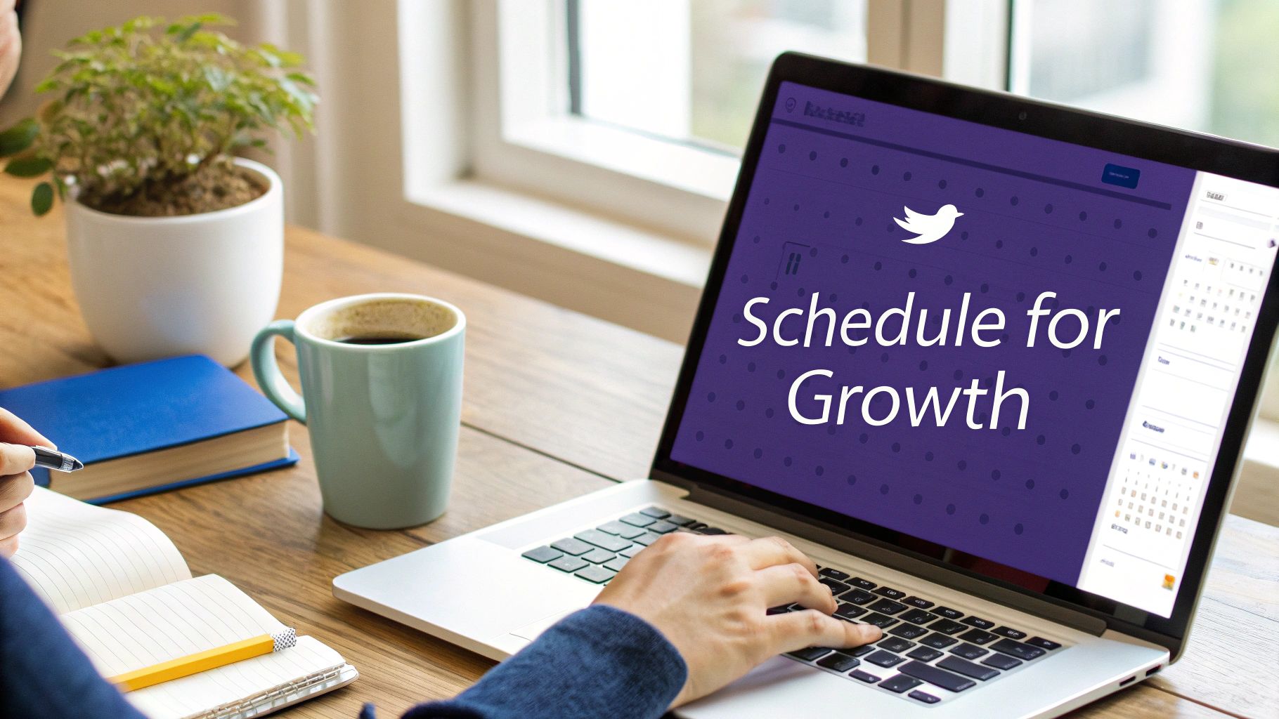 A person's hands scheduling content on a laptop with a calendar interface visible.