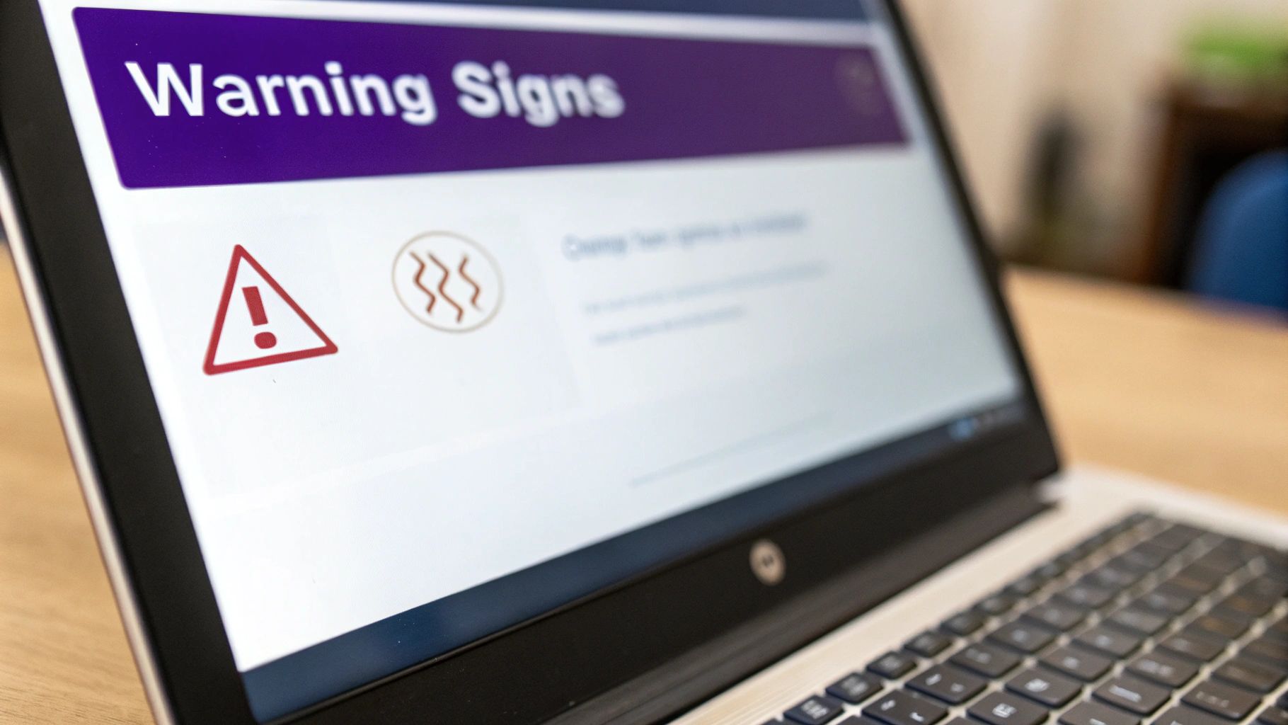 Laptop screen displaying warning signs page with red alert triangle and heat indicator icons