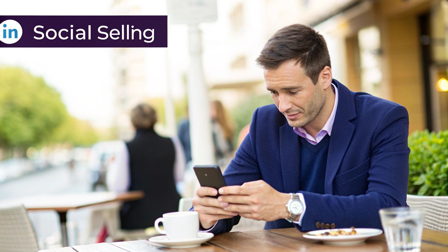A professional man in a blue suit uses a smartphone at an outdoor cafe, focused on social selling.
