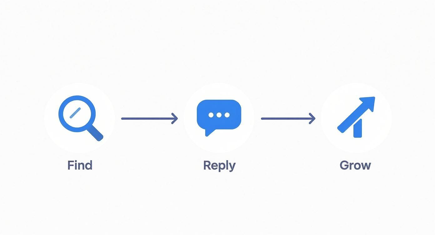 An infographic illustrating a three-step process for niche engagement on Twitter, showing icons for Find, Reply, and Grow with horizontal arrows connecting them.