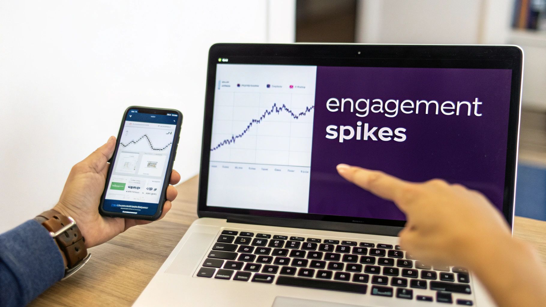 A person's hand holds a smartphone displaying analytics next to a laptop showing 'engagement spikes' text and a graph, with a finger pointing.