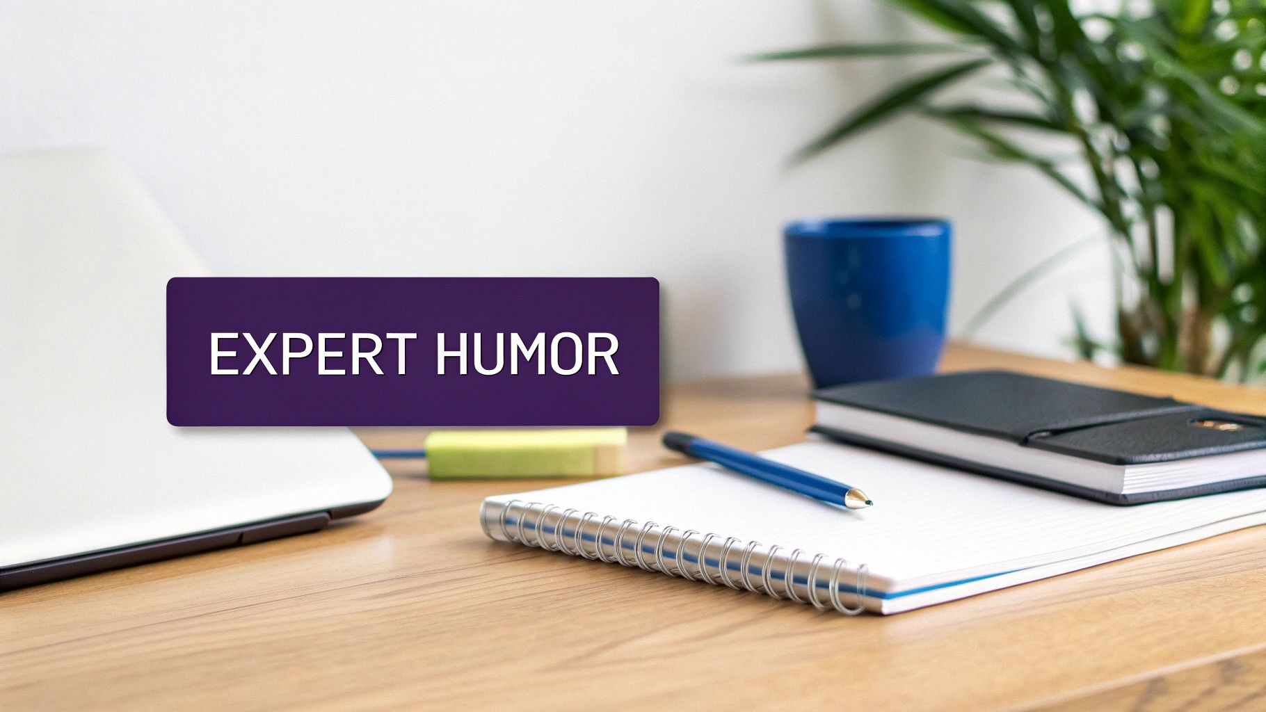 A tidy desk setup with a laptop, notebooks, pen, and a plant, featuring a purple box with 'EXPERT HUMOR' text.