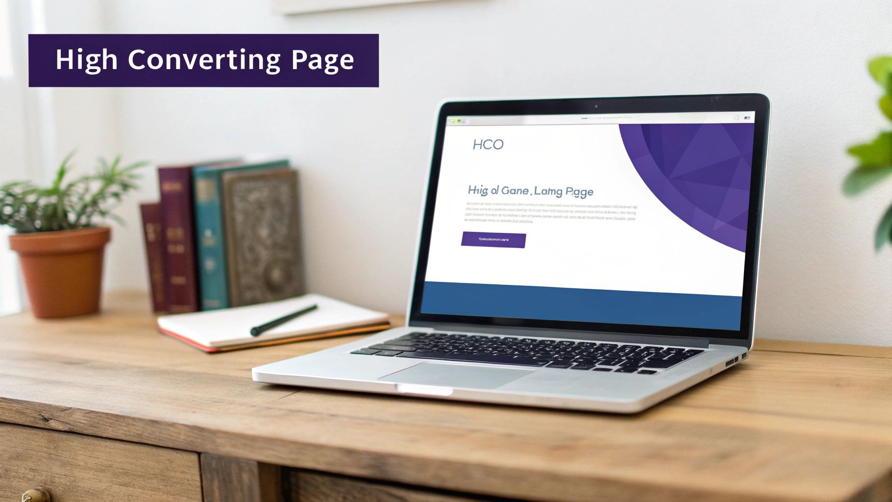 Laptop displaying a 'High Converting Page' website on a wooden desk with books and a plant.