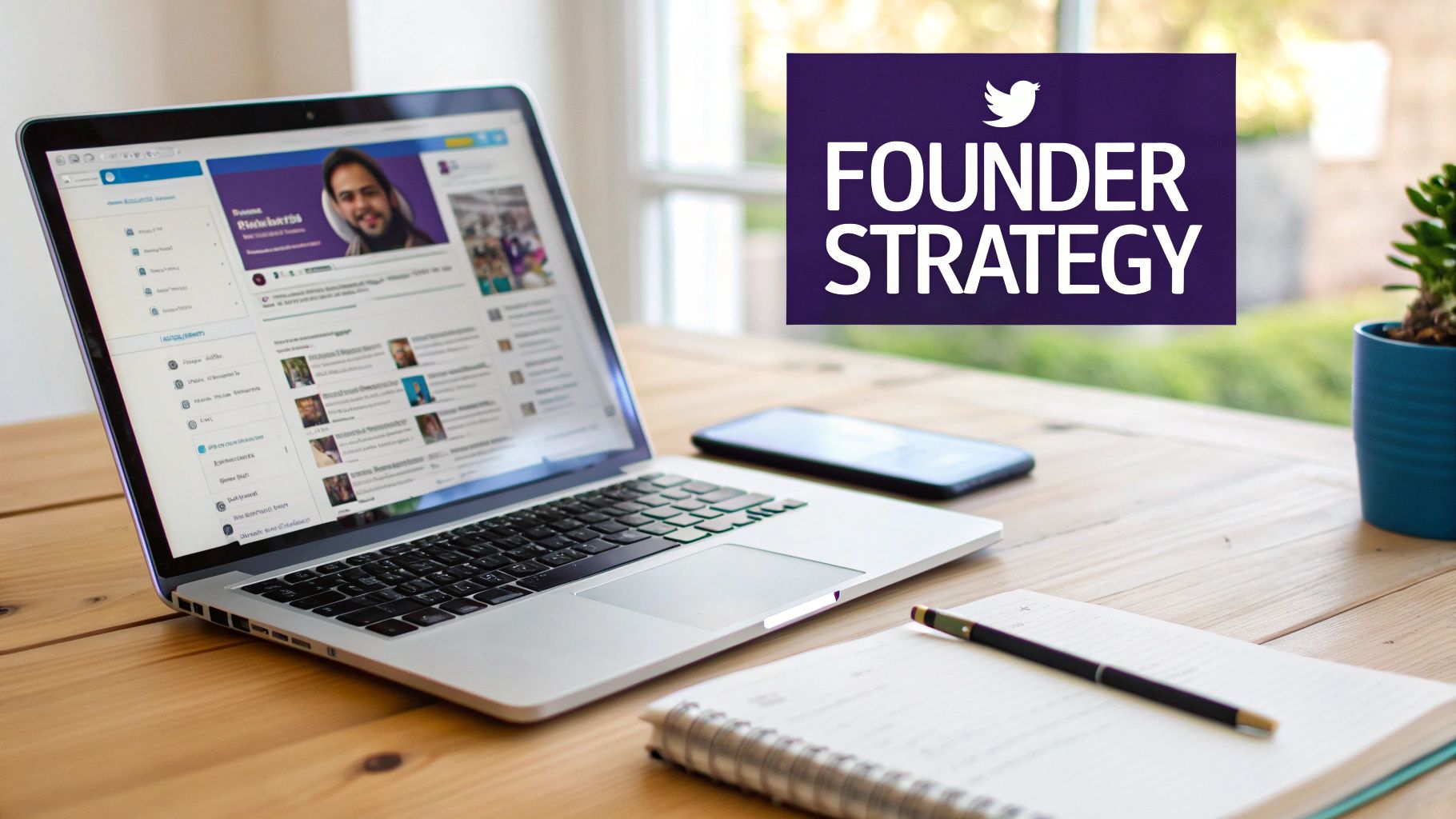 Laptop displaying Twitter interface on wooden desk with founder strategy text overlay and workspace essentials