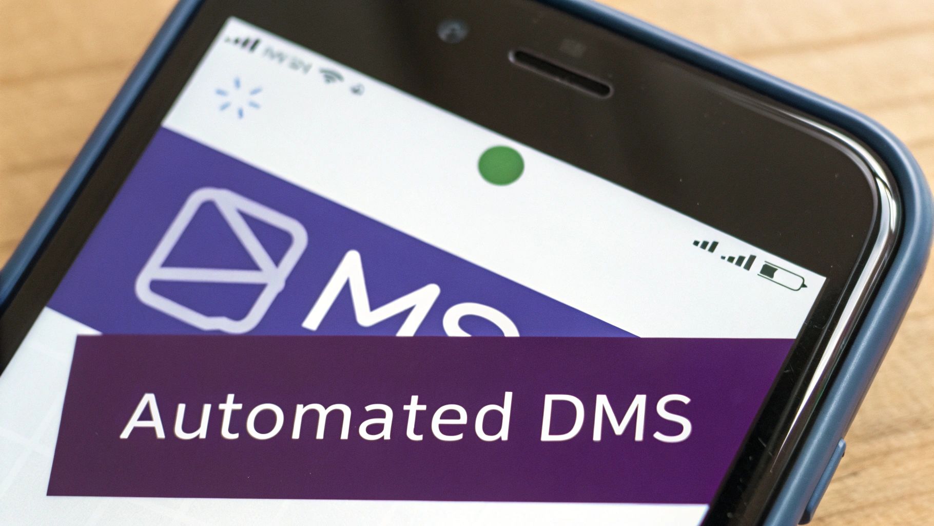 Close-up of a smartphone screen displaying 'Automated DMS' text and an envelope icon.