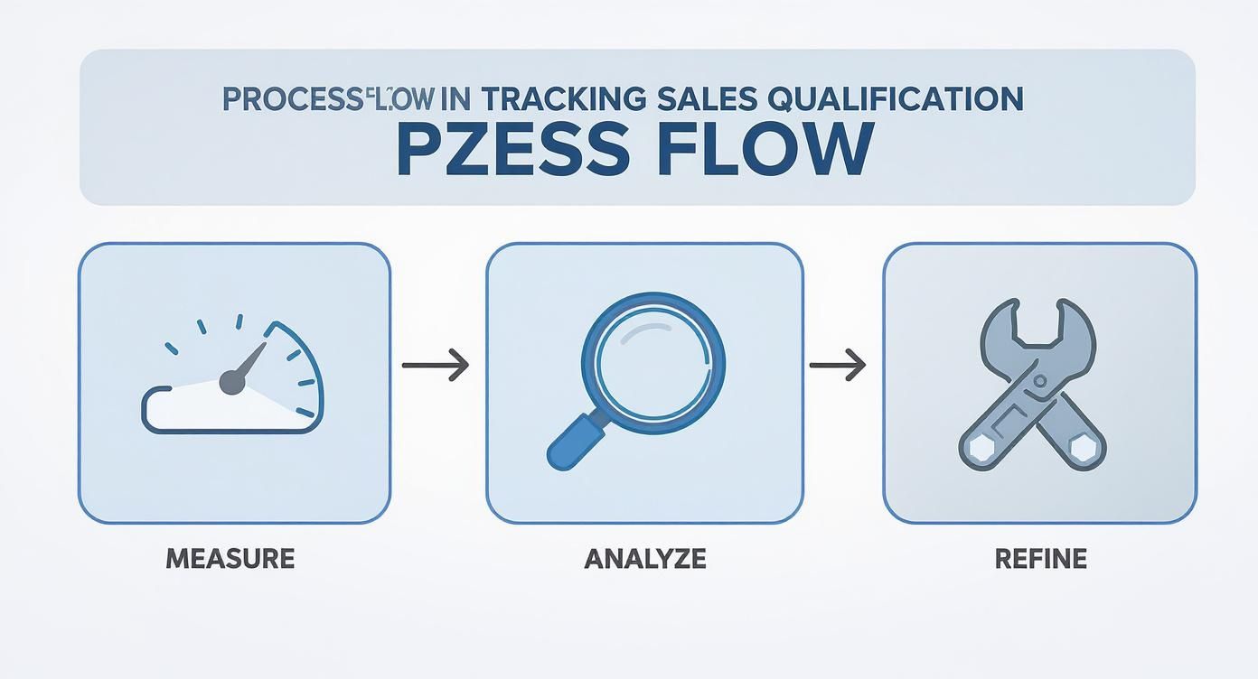 A three-step process flow shows measure, analyze, and refine for tracking sales qualification.