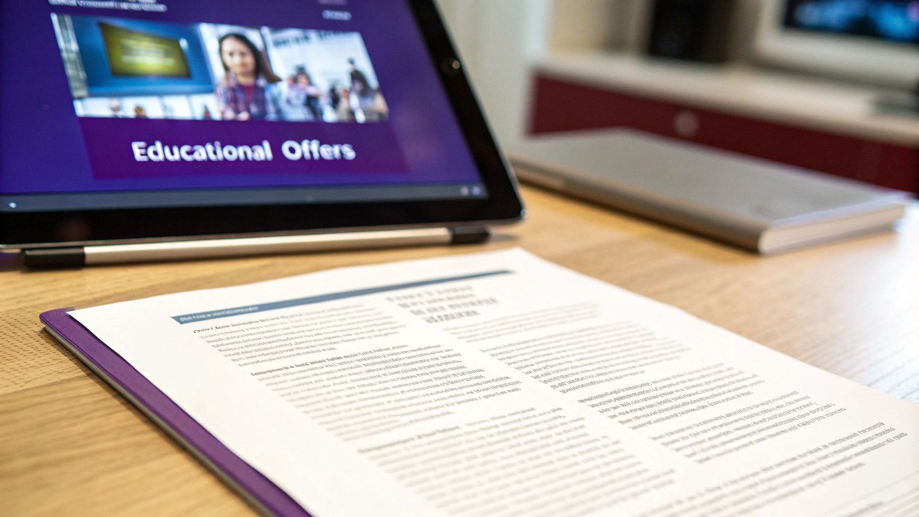 A tablet displays 'Educational Offers' next to a document, stylus, and book on a desk.