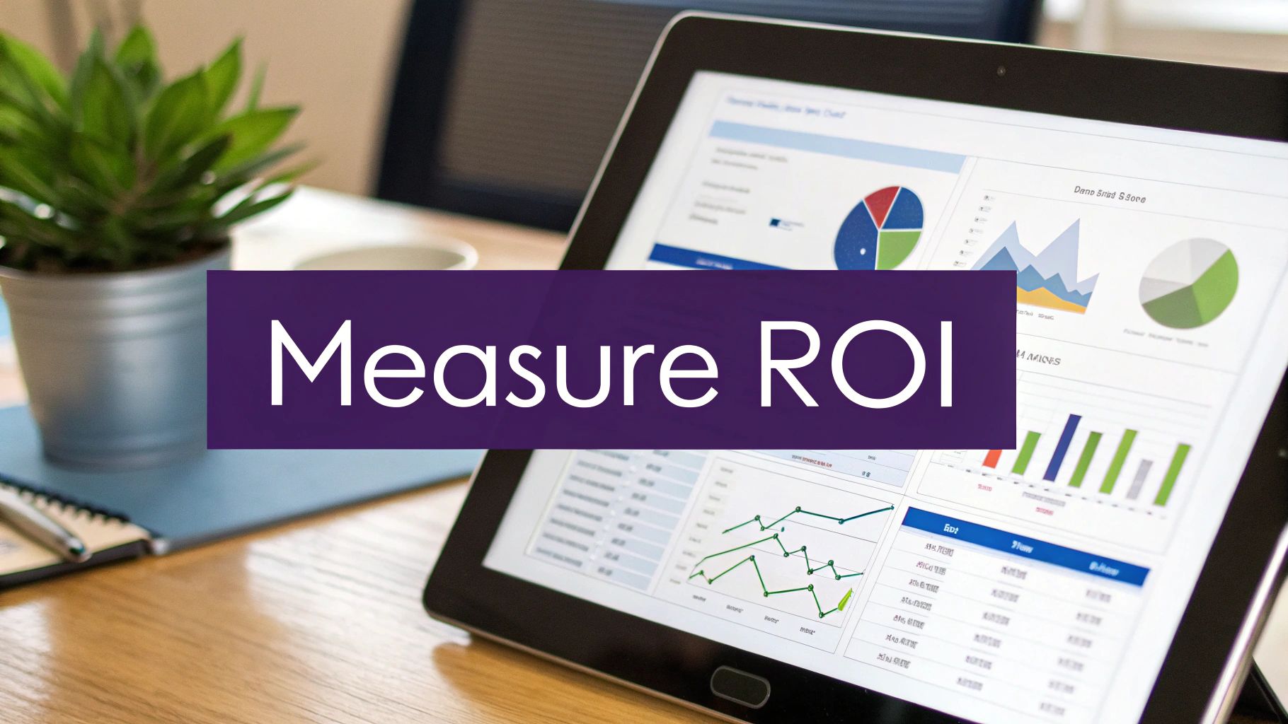 Tablet displaying business charts and graphs with a purple banner stating 'Measure ROI' on a wooden desk.