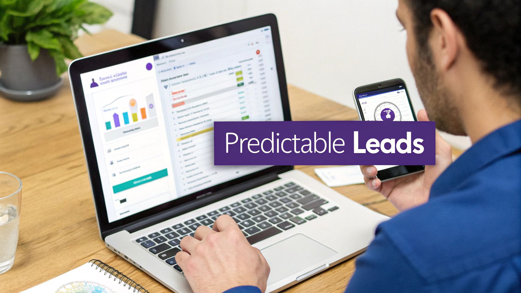 A consultant and client collaborating at a table with laptops and documents, representing a strategic sales process.