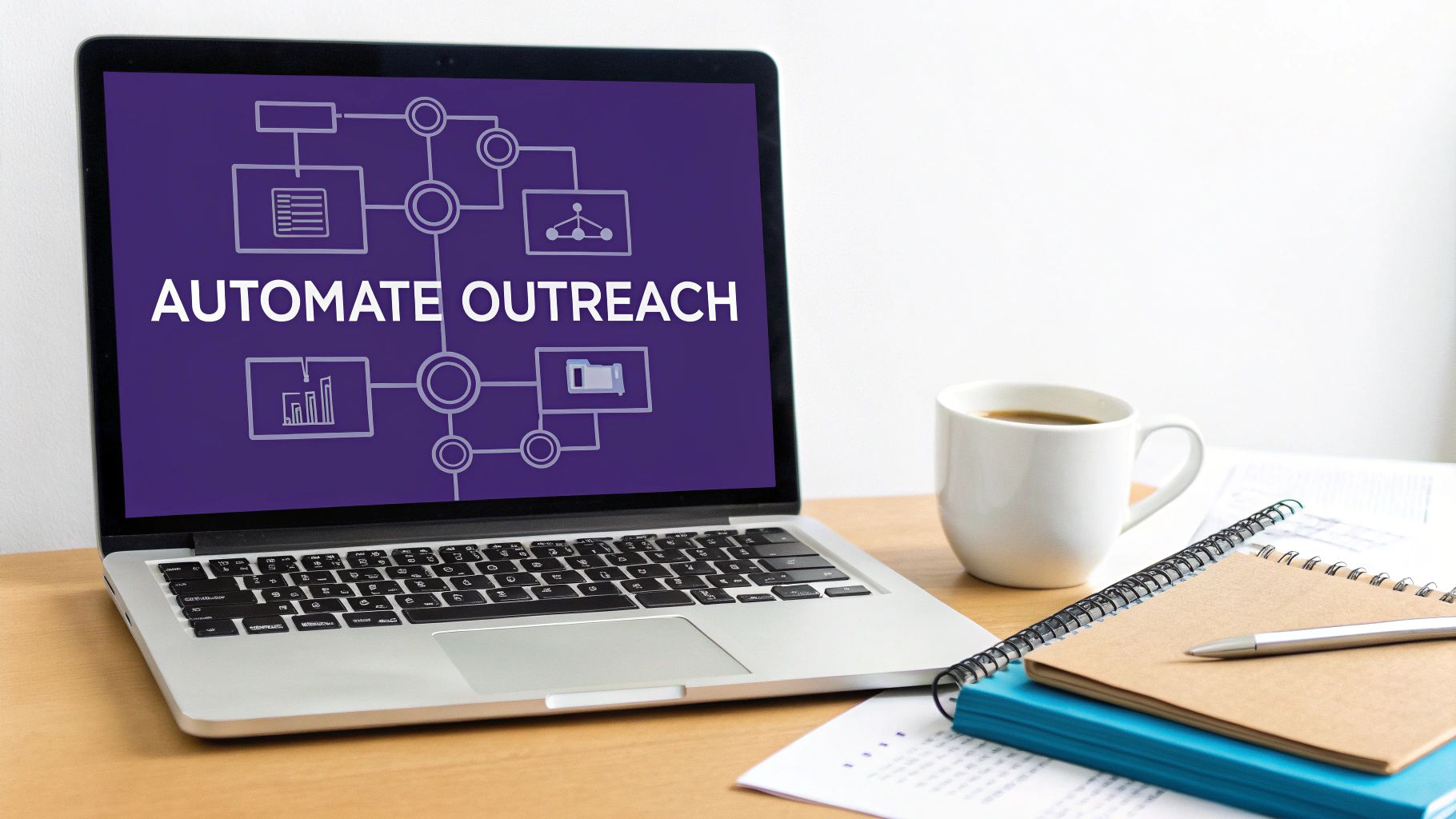 Laptop screen showing 'AUTOMATE OUTREACH' with a workflow diagram, next to coffee and notebooks.