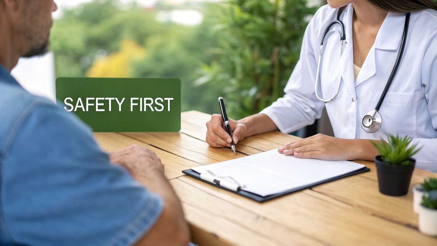 A female doctor in a white coat writes notes while consulting a male patient, with a 'SAFETY FIRST' sign.