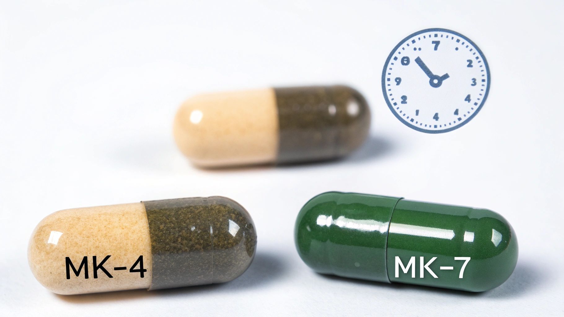 Two time-release vitamin capsules labeled MK-4 and MK-7 with clock icon showing supplement timing