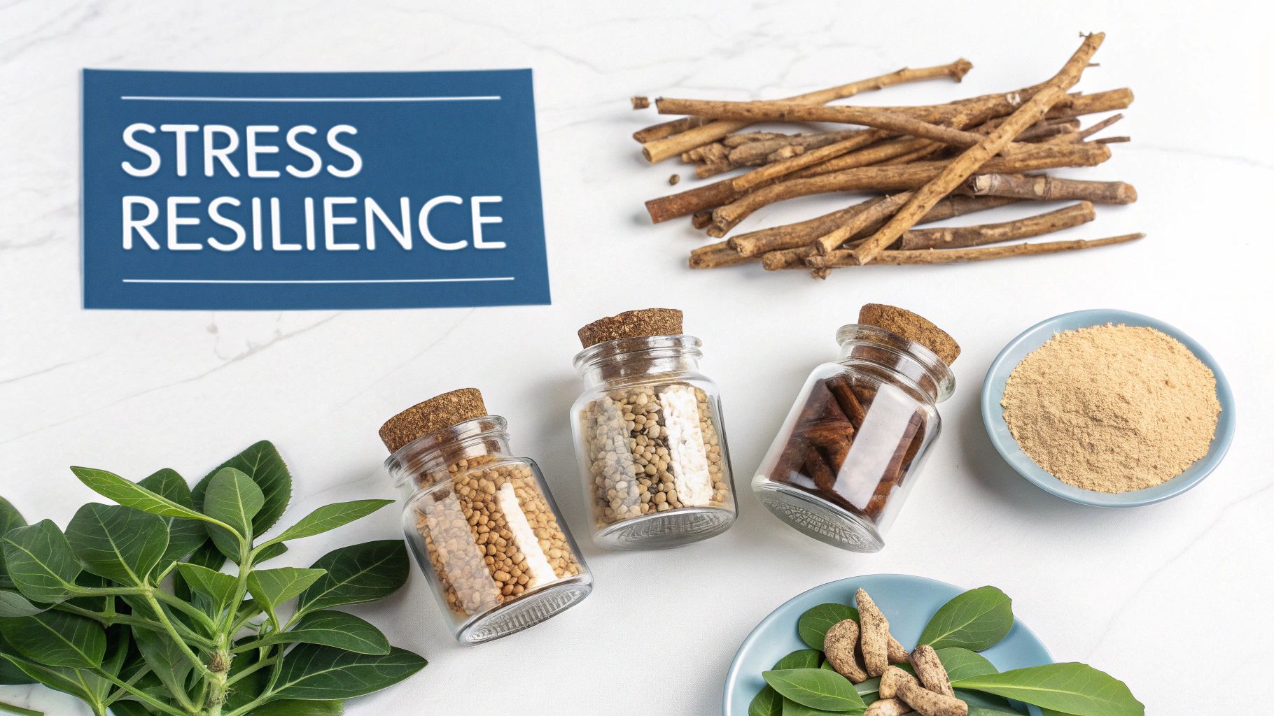 Natural adaptogens and herbal remedies for stress resilience, including roots, powders, and seeds.