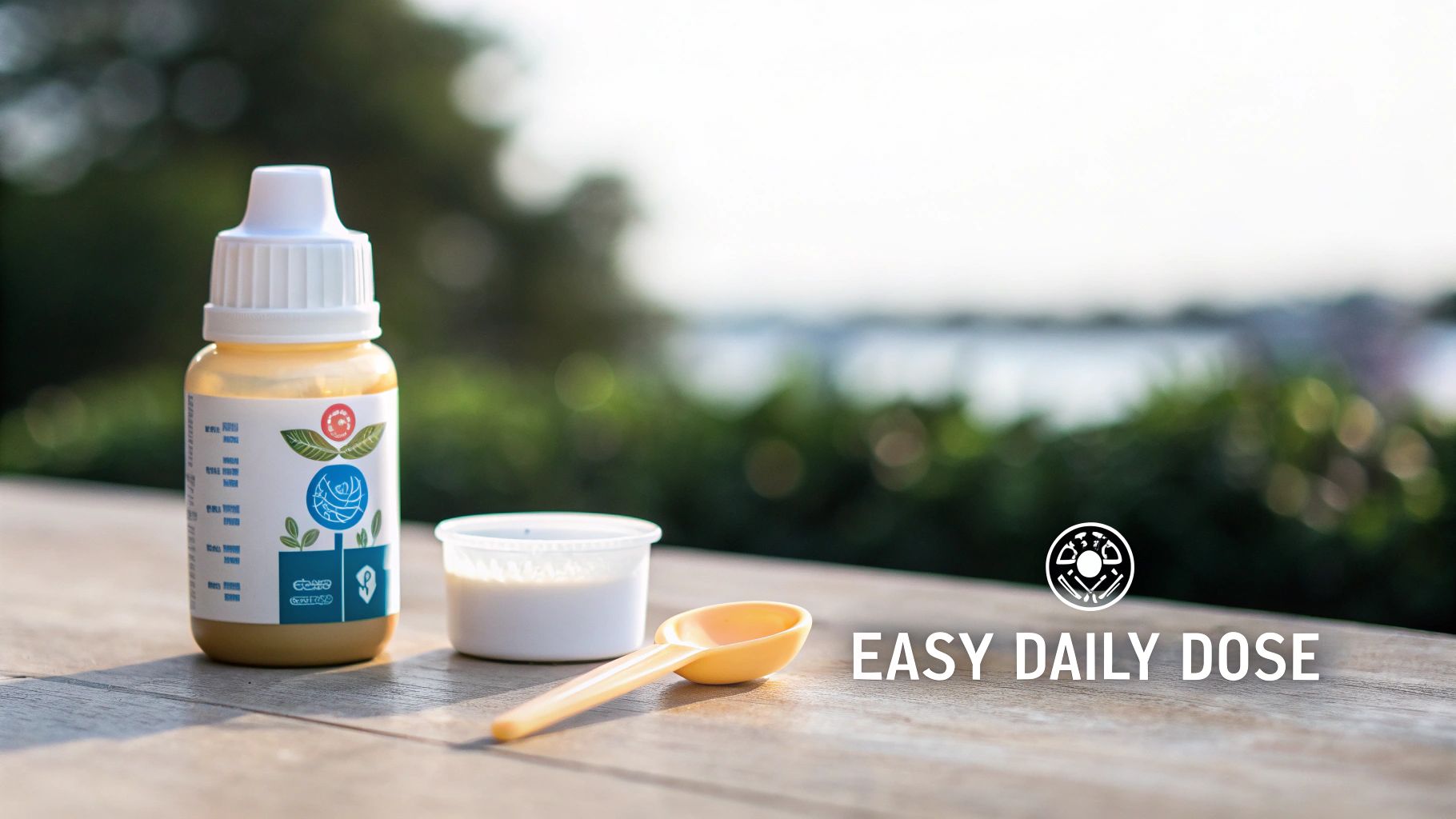 A yellow bottle, small cup with liquid, and spoon on a wooden surface, promoting an easy daily dose.