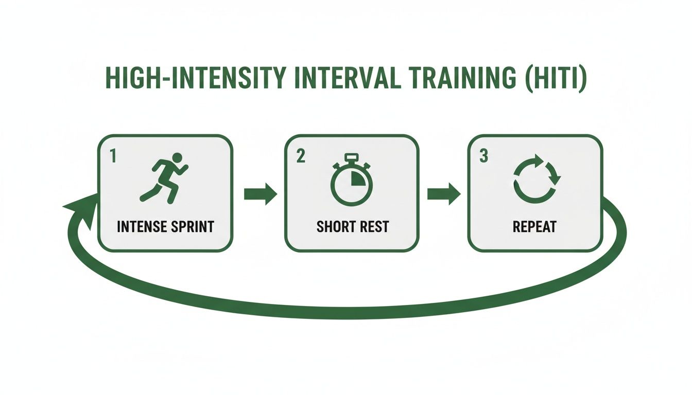 A diagram illustrating High-Intensity Interval Training (HITI) with steps: intense sprint, short rest, and repeat.