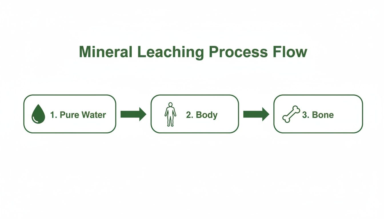 A diagram illustrates the mineral leaching process where pure water goes through the body to the bones.