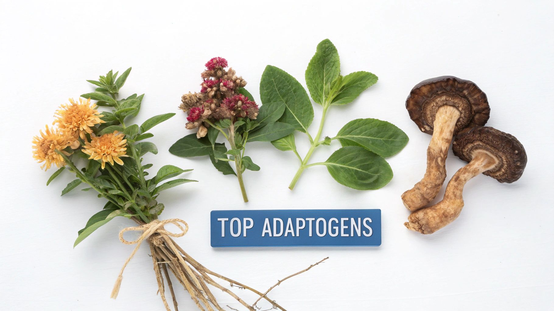 A collection of popular adaptogenic herbs, including Ashwagandha, Rhodiola, and medicinal mushrooms, arranged on a rustic wooden surface.