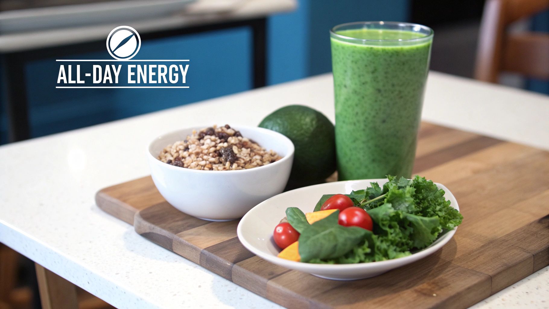 A vibrant and colorful salad bowl filled with fresh vegetables, quinoa, and lean protein, symbolizing clean energy.